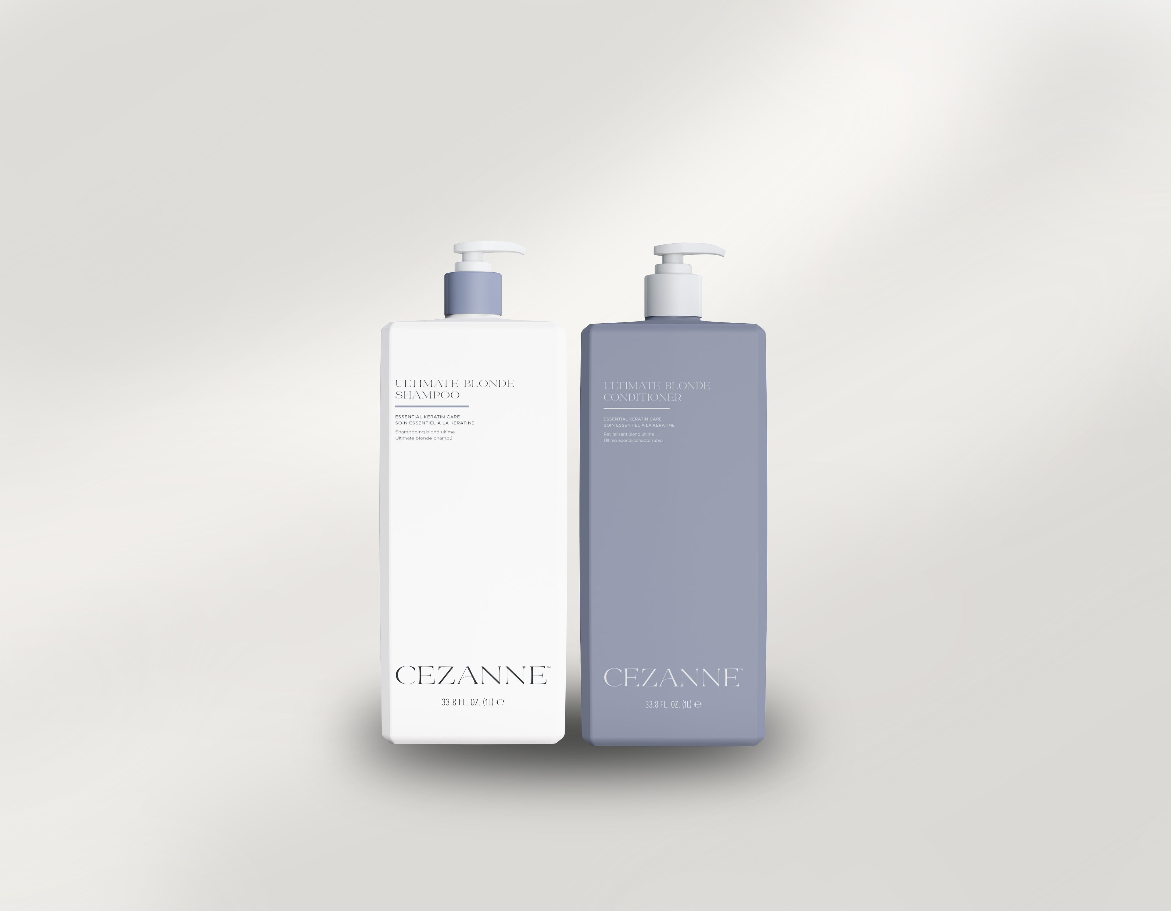 Two bottles of Cezanne Ultimate Blonde Shampoo and Conditioner on a light gray background